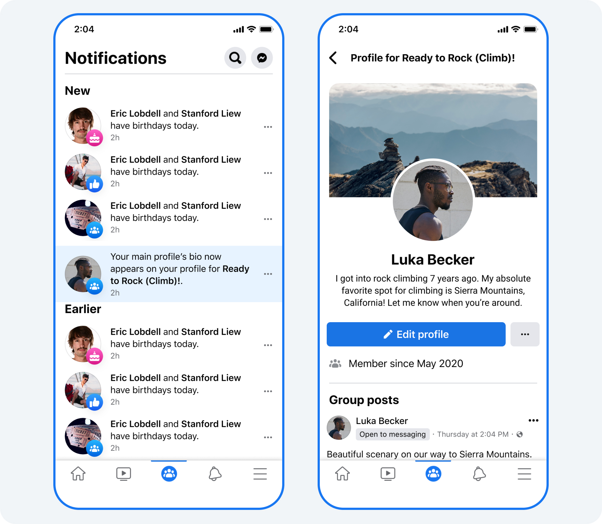 Images showing updates to the About Me section on a Group profile.